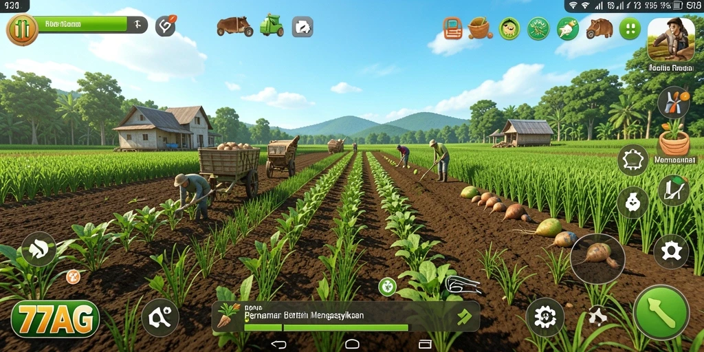 Screenshot gameplay 77AG menampilkan aktivitas pertanian yang seru dan interaktif.