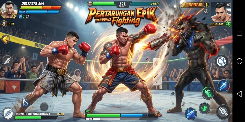 Screenshot DELTA575 menunjukkan aksi pertarungan yang mendebarkan dan karakter beragam.