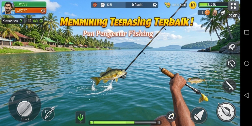 Screenshot gameplay LJO777 dengan aksi memancing yang seru.