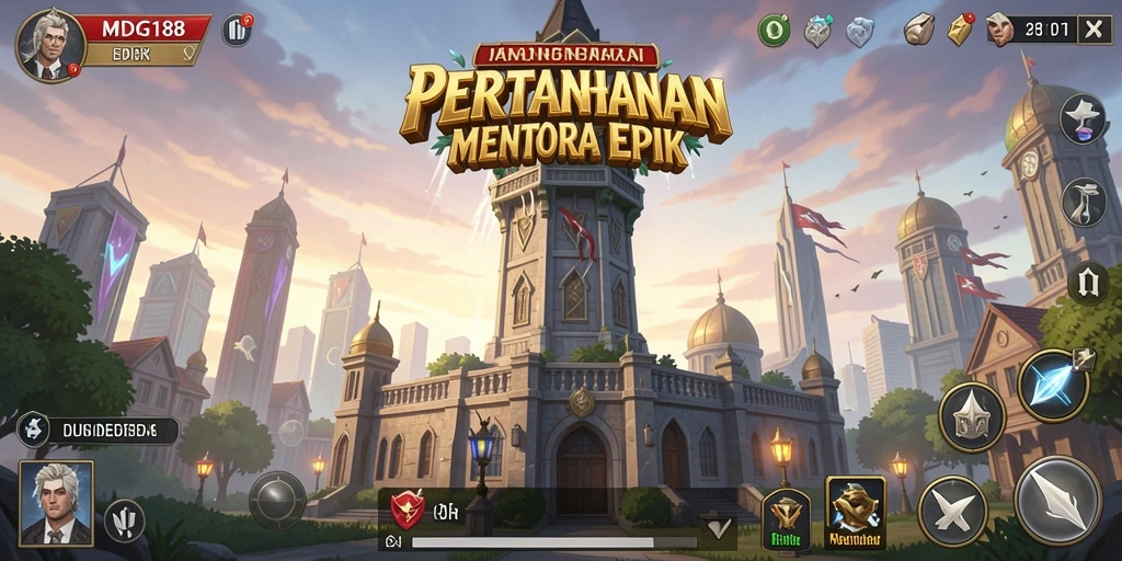 Screenshot MDG188 yang menunjukkan aksi pertahanan menara yang intens.