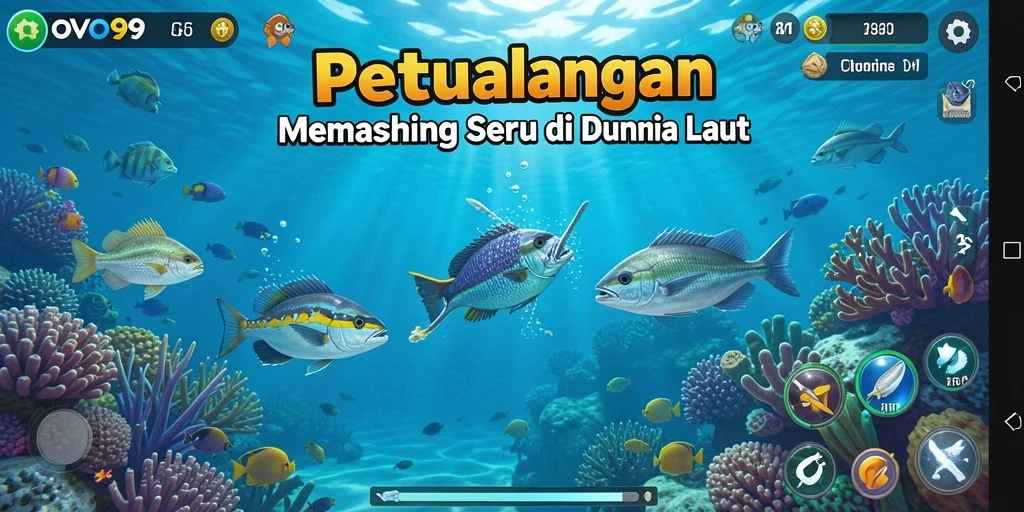 Tangkapan ikan besar dalam gameplay OVO99 yang menampilkan suasana memancing.