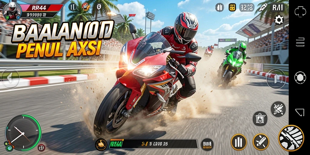 Screenshot gameplay RR44 menampilkan balapan motor yang intens.