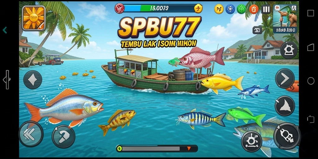 Screenshot gameplay SPBU77 dengan aksi menembak ikan yang mengasyikkan.